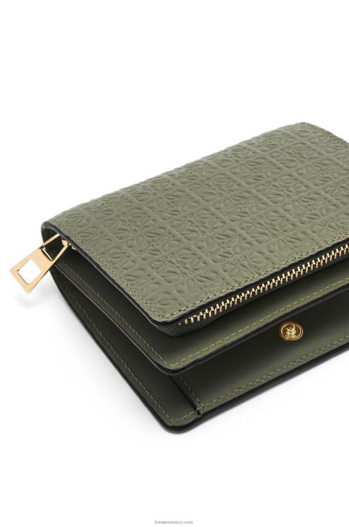 aguacate verde cartera con cremallera repeat compact de piel de becerro de seda grabada Loewe R8J8Z1278 mujer