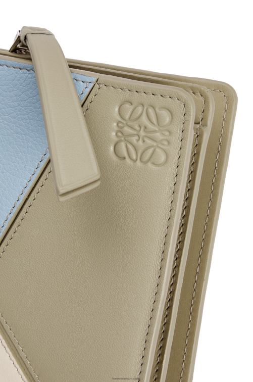 azul polvoriento/verde salvia cartera puzzle compacta con cremallera en piel de becerro clásica Loewe R8J8Z1213 mujer