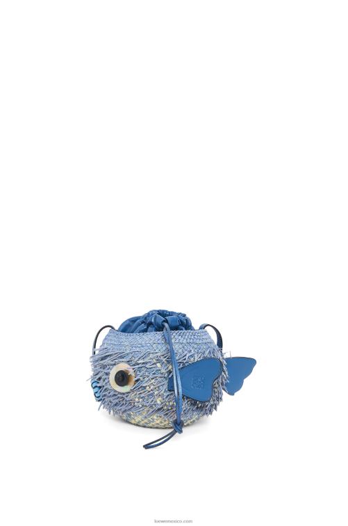 azul mezclilla bolsito pez globo en palma de iraca y piel de becerro Loewe R8J8Z222 mujer