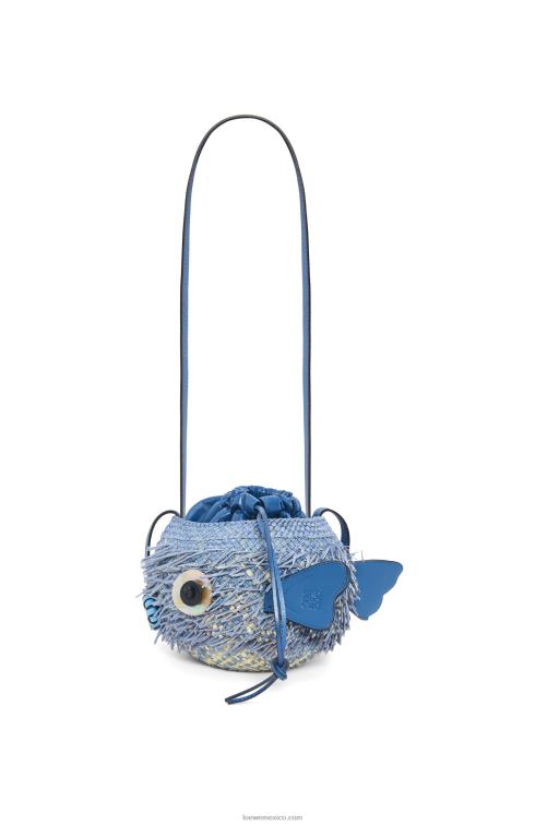 azul mezclilla bolsito pez globo en palma de iraca y piel de becerro Loewe R8J8Z222 mujer