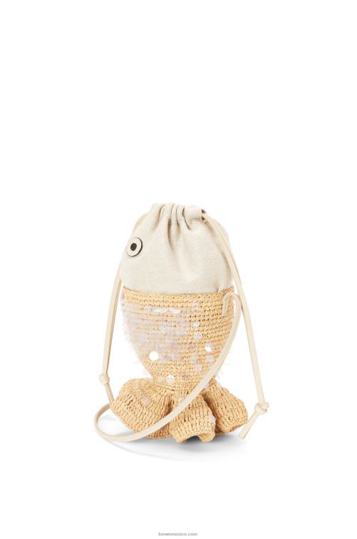 natural/marfil bolsa de pescado en lona y rafia Loewe R8J8Z221 mujer