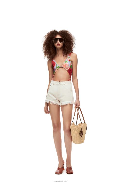 Bronceado natural Bolso cesta petal de rafia y piel bovina Loewe R8J8Z61 mujer