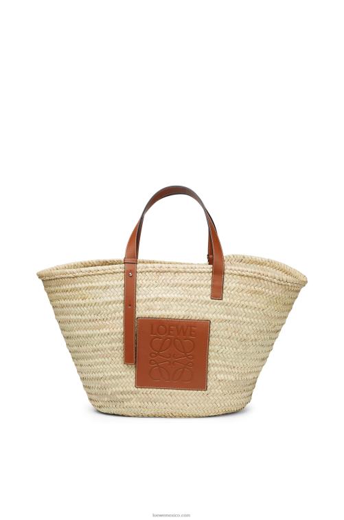 Bronceado natural bolso cesta grande en hoja de palma y piel de becerro Loewe R8J8Z37 mujer