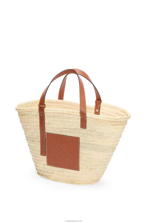 Bronceado natural bolso cesta grande en hoja de palma y piel de becerro Loewe R8J8Z37 mujer