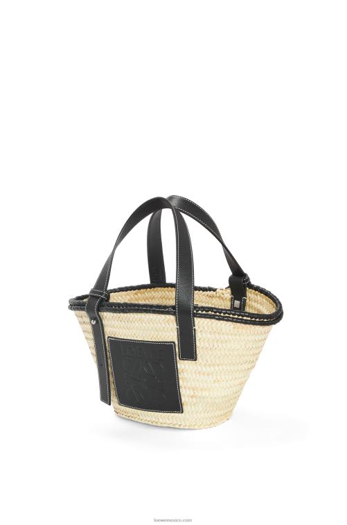 natural/negro bolso cesta pequeño con incrustaciones de hoja de palma y piel de becerro Loewe R8J8Z28 mujer
