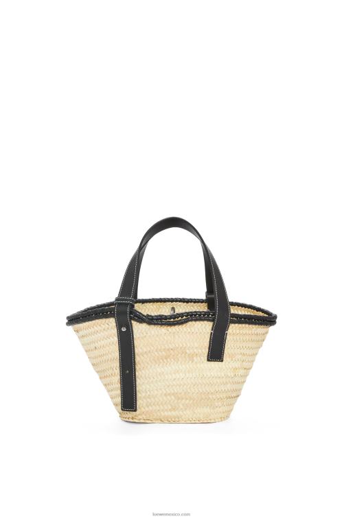 natural/negro bolso cesta pequeño con incrustaciones de hoja de palma y piel de becerro Loewe R8J8Z28 mujer