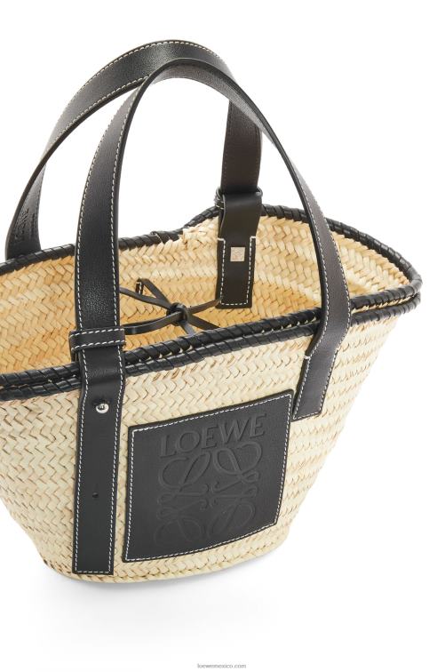 natural/negro bolso cesta pequeño con incrustaciones de hoja de palma y piel de becerro Loewe R8J8Z28 mujer