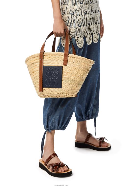natural/océano bolso basket en hoja de palma y piel de becerro Loewe R8J8Z82 mujer