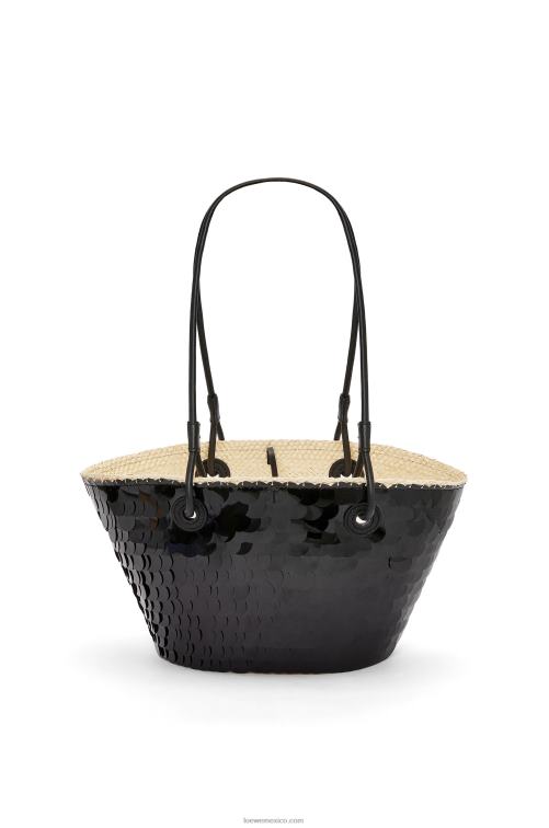 negro Canasta pequeña con anagrama en palma de iraca con lentejuelas y piel de becerro Loewe R8J8Z71 mujer