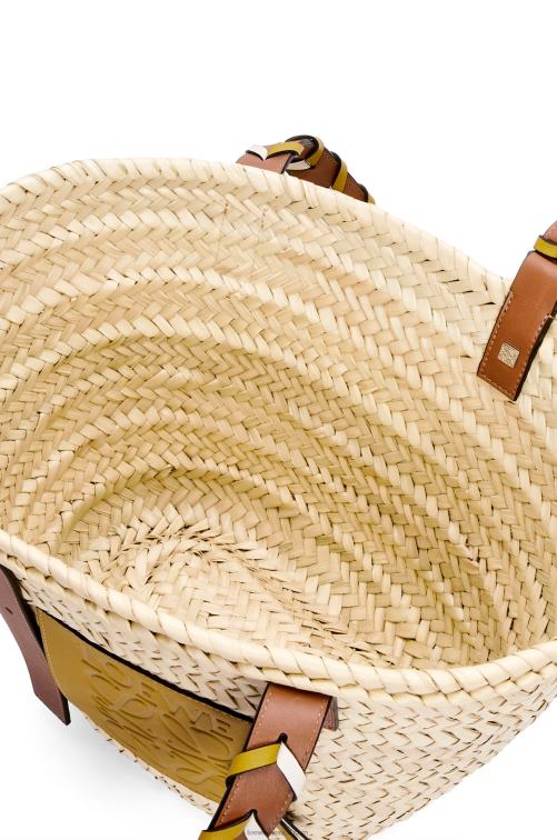 ocre/tostado bolso basket en hoja de palma con asa trenzada en piel de becerro Loewe R8J8Z6 mujer