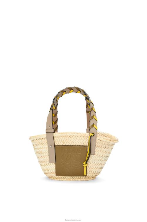 oliva/arena Bolso cesta pequeño en hoja de palma con asa trenzada en piel de becerro Loewe R8J8Z5 mujer