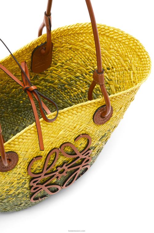 verde caqui/amarillo Bolso basket pequeño anagram de palma de iraca y piel de becerro Loewe R8J8Z64 mujer