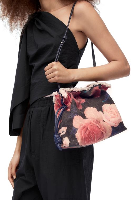 negro bolso de mano flamenco rosas en denim Loewe R8J8Z389 mujer
