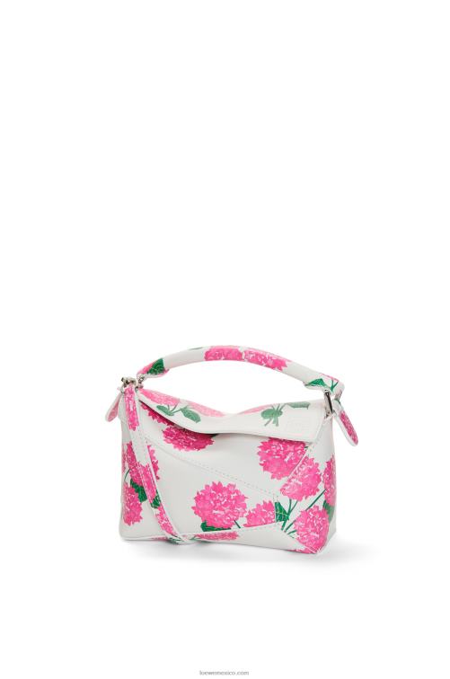 blanco/rosa bolso mini con borde rompecabezas de flores de piel de becerro satinada Loewe R8J8Z235 mujer