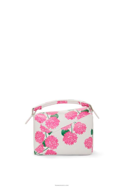 blanco/rosa bolso mini con borde rompecabezas de flores de piel de becerro satinada Loewe R8J8Z235 mujer