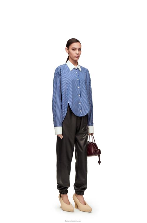 azul marino/blanco camisa de plastrón a rayas de popelina de algodón Loewe R8J8Z892 mujer