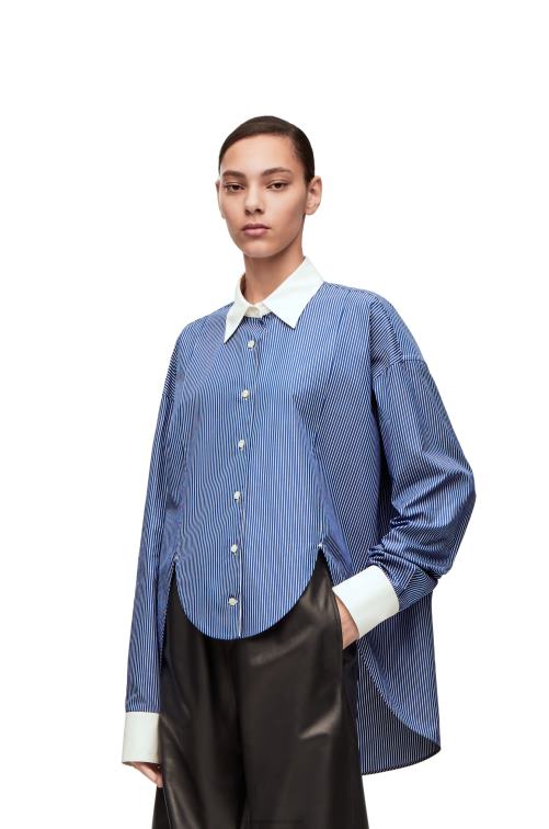azul marino/blanco camisa de plastrón a rayas de popelina de algodón Loewe R8J8Z892 mujer