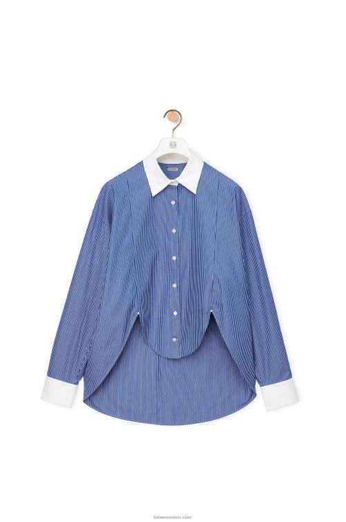 azul marino/blanco camisa de plastrón a rayas de popelina de algodón Loewe R8J8Z892 mujer