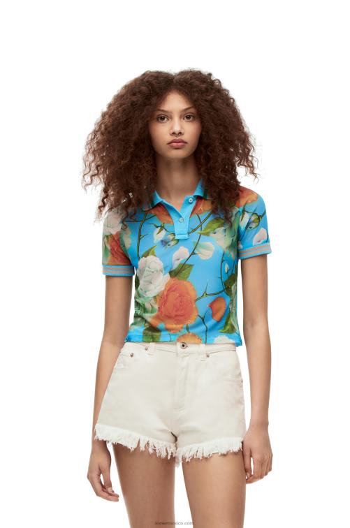 azul/multicolor top corto de malla con rosas Loewe R8J8Z790 mujer