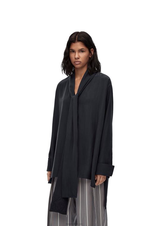 azul profundo Blusa de seda con solapa y anagrama Loewe R8J8Z917 mujer