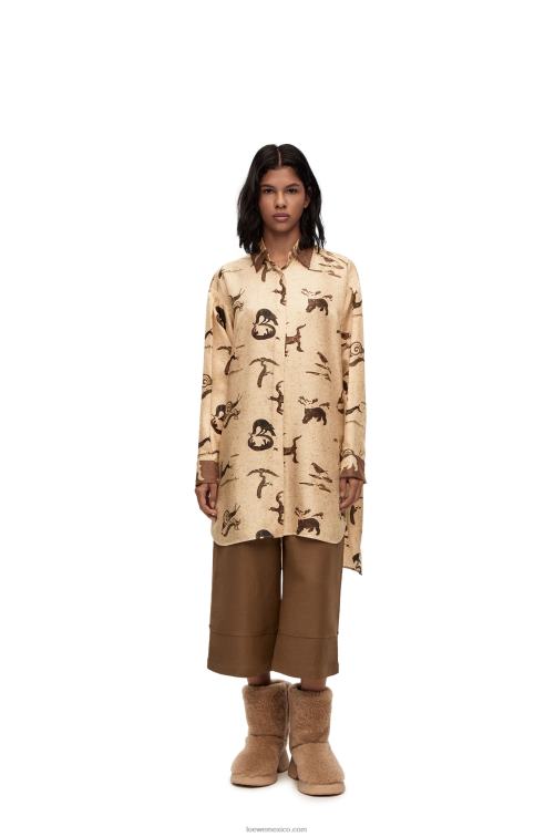 beige claro/marrón camisa oversize de seda con estampado animal Loewe R8J8Z929 mujer
