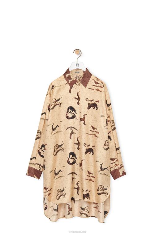 beige claro/marrón camisa oversize de seda con estampado animal Loewe R8J8Z929 mujer