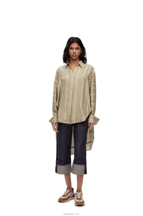 caqui claro g/caqui oscuro g Camisa de seda a rayas con trampantojo Loewe R8J8Z924 mujer