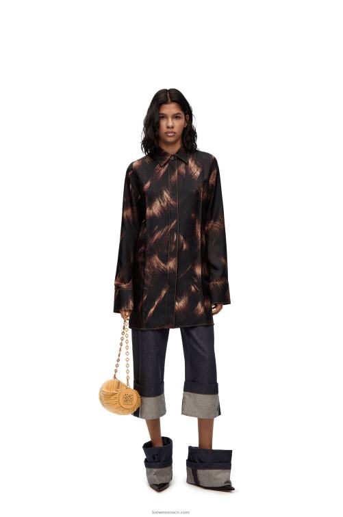 marrón/multicolor camisa de seda con estampado de pelo Loewe R8J8Z930 mujer