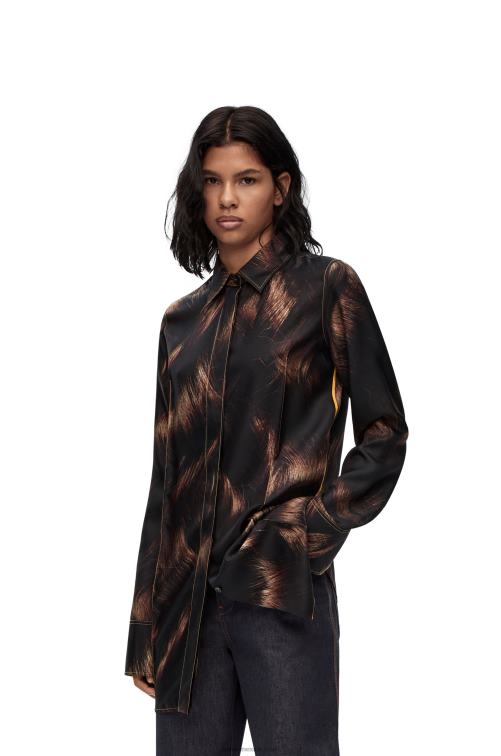 marrón/multicolor camisa de seda con estampado de pelo Loewe R8J8Z930 mujer