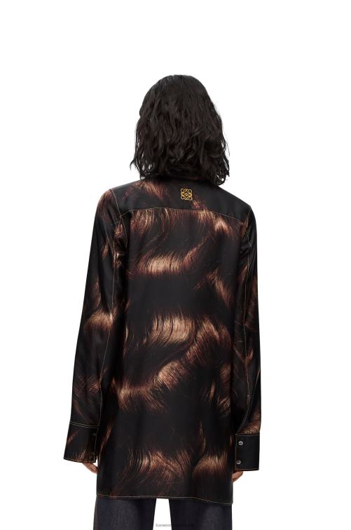 marrón/multicolor camisa de seda con estampado de pelo Loewe R8J8Z930 mujer
