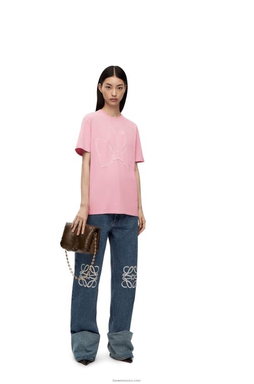Rosa brillante camiseta con conejito de algodón Loewe R8J8Z808 mujer
