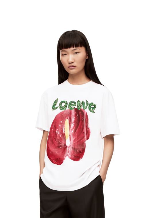 blanco rojo camiseta de punto de algodón con flor de anturio Loewe R8J8Z798 mujer