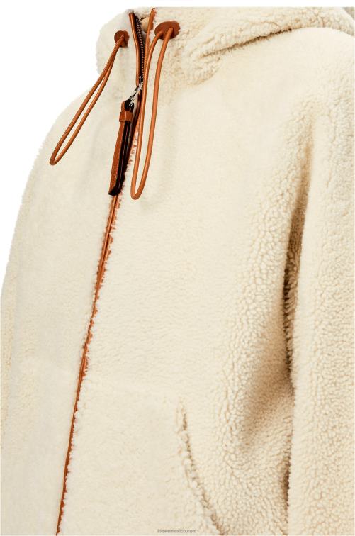 blanco suave/tostado chamarra con cremallera y capucha en borrego Loewe R8J8Z1151 mujer