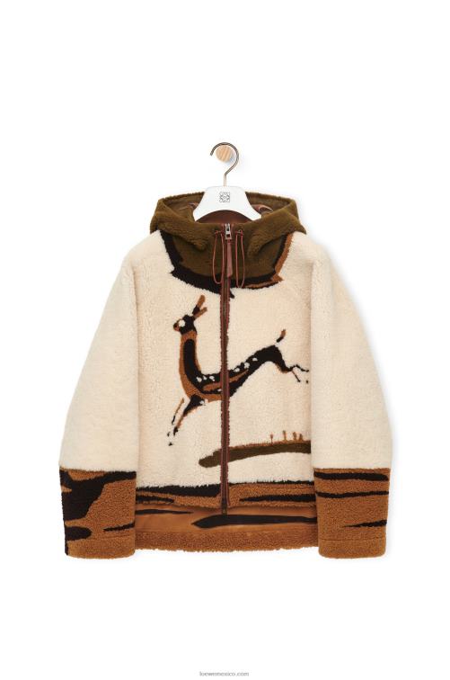blanquecino/marrón chaqueta con capucha de borrego Loewe R8J8Z1126 mujer