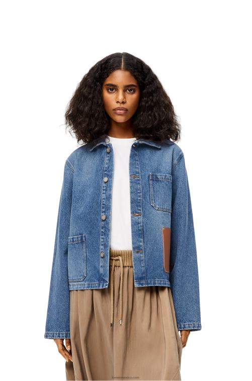 mezclilla azul Chaqueta corta de algodón con anagrama Loewe R8J8Z1201 mujer