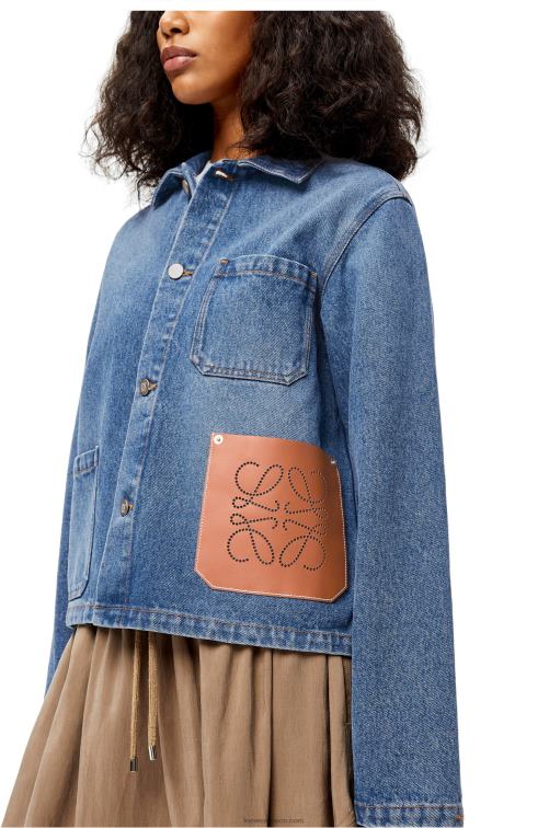 mezclilla azul Chaqueta corta de algodón con anagrama Loewe R8J8Z1201 mujer