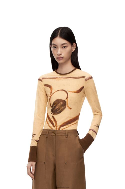 beige claro/marrón top con estampado de flores en malla Loewe R8J8Z928 mujer