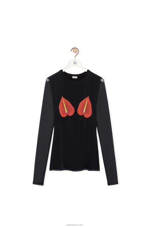 negro/rojo top anthurium en malla semitransparente Loewe R8J8Z882 mujer