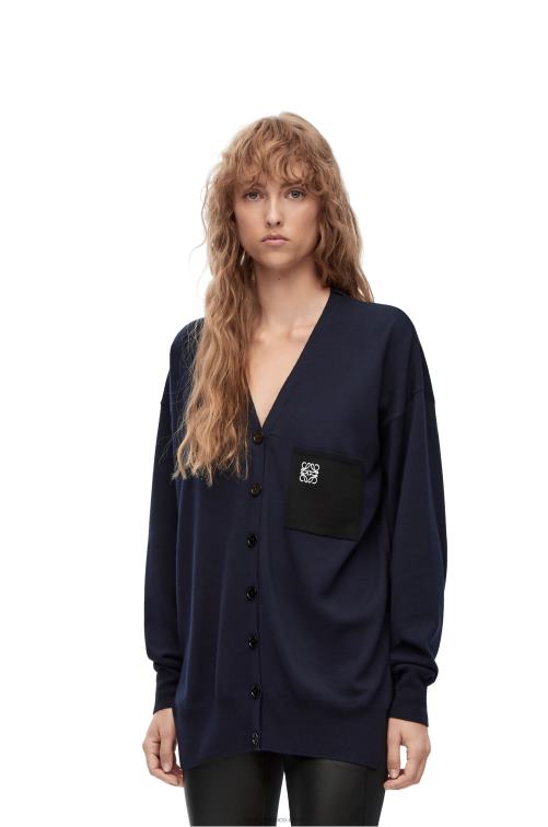 Azul marino Cárdigan de lana con bolsillo con anagrama Loewe R8J8Z986 mujer
