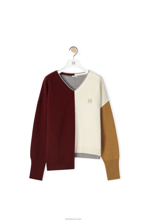 brandy/burdeos/crema Jersey asimétrico de lana con anagrama Loewe R8J8Z1010 mujer