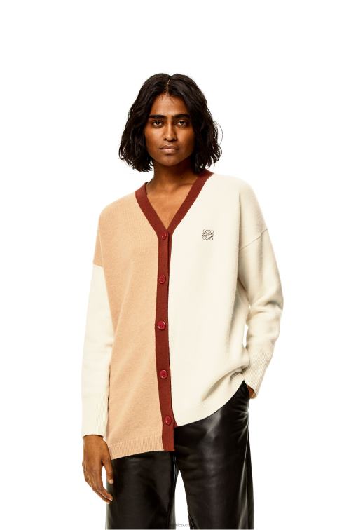 crudo/camello Cárdigan asimétrico de lana con anagrama Loewe R8J8Z1009 mujer
