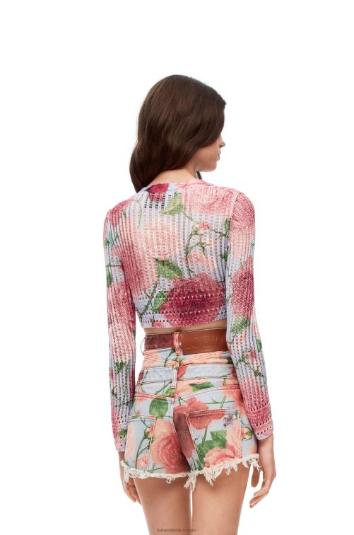 rosa multitono Cárdigan corto de viscosa con rosas Loewe R8J8Z954 mujer