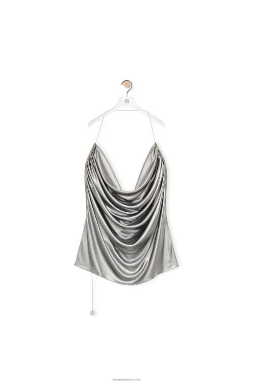 negro/plata top drapeado de jersey laminado Loewe R8J8Z913 mujer