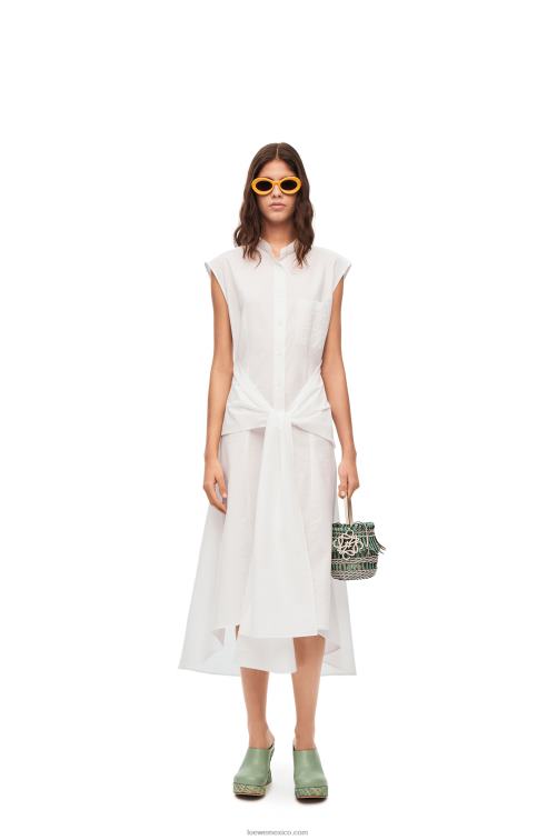 Blanco óptico vestido camisero con nudo en algodón Loewe R8J8Z1049 mujer
