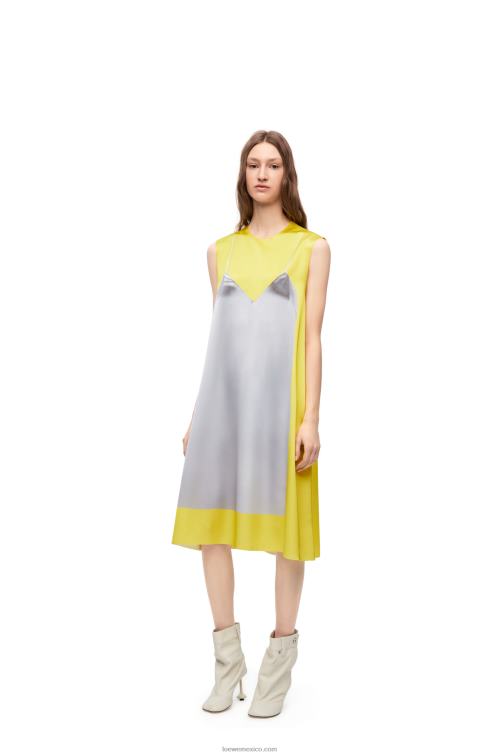 amarillo/gris vestido evasé de satén técnico Loewe R8J8Z1033 mujer