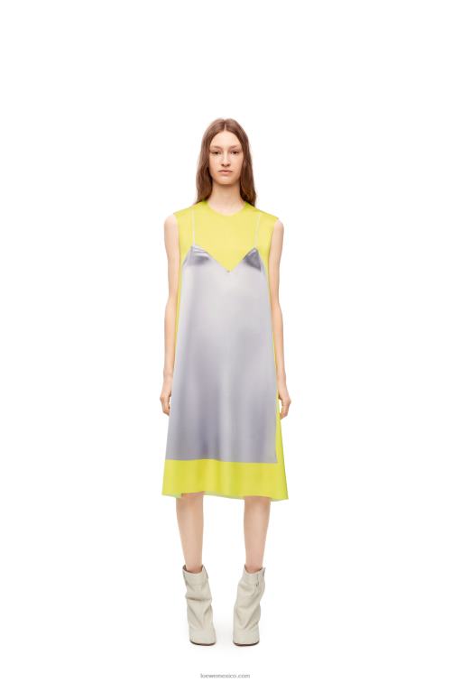 amarillo/gris vestido evasé de satén técnico Loewe R8J8Z1033 mujer