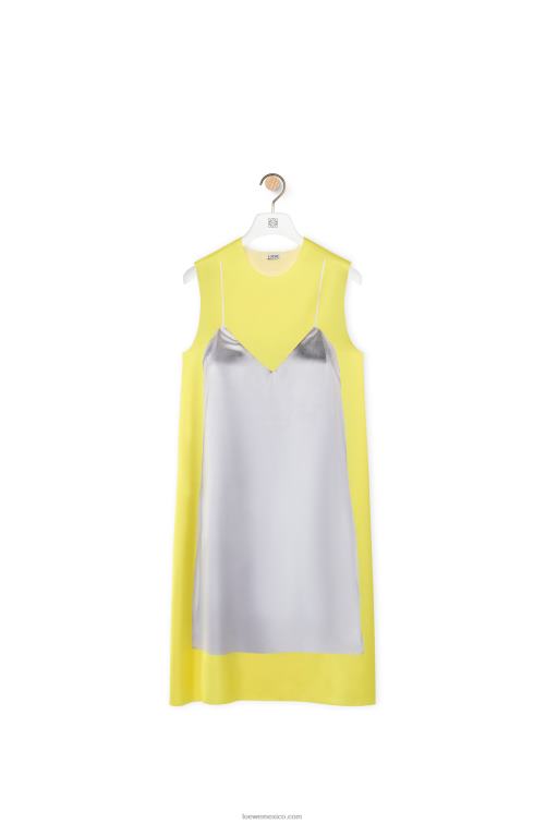amarillo/gris vestido evasé de satén técnico Loewe R8J8Z1033 mujer