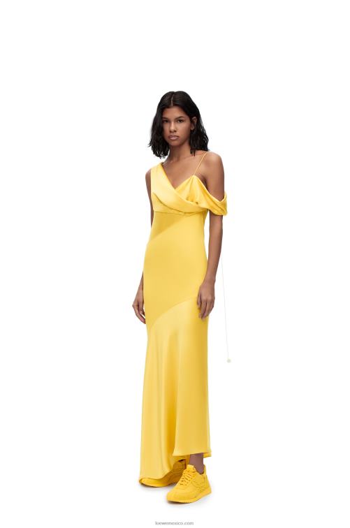 amarillo vestido asimétrico de raso y crepe Loewe R8J8Z1097 mujer