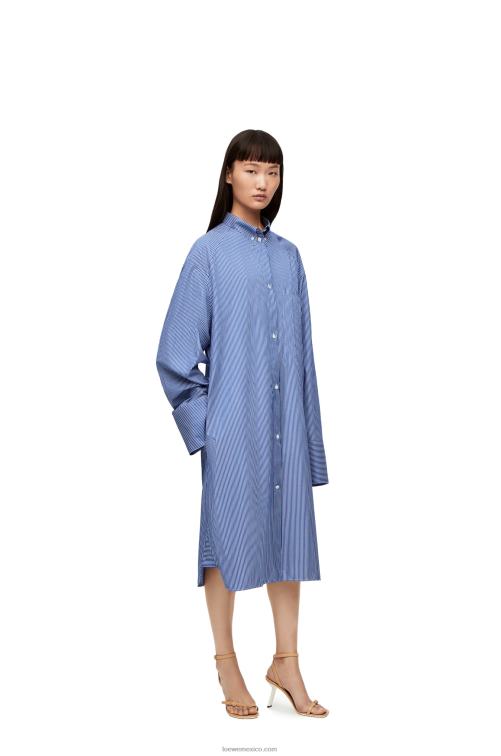 azul marino/blanco vestido camisero alargado de popelina de algodón a rayas Loewe R8J8Z1087 mujer