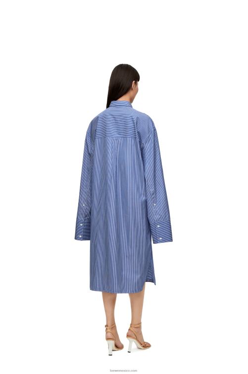 azul marino/blanco vestido camisero alargado de popelina de algodón a rayas Loewe R8J8Z1087 mujer